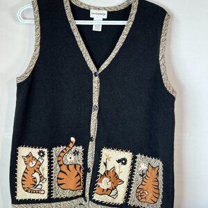 Vintage 90s Breckenridge Cat VestWhimsical Folk‑Art Knit  Appliqué Embroidered M
